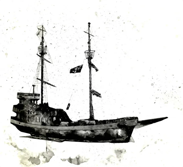 Piratenschip Zeilen Zee Illustratie Kunst Tekening Schets Vintage — Stockfoto