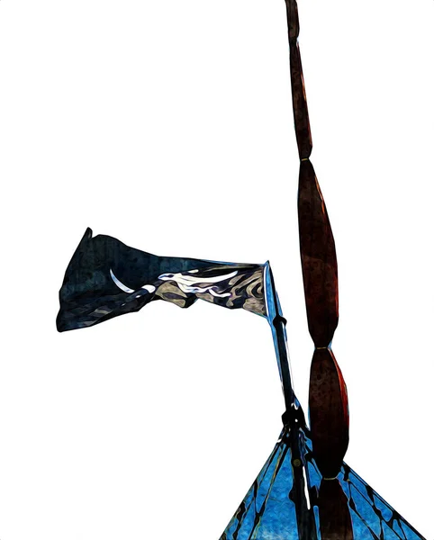 骷髅和骷髅挂在海盗旗上 绘画素描 — 图库照片