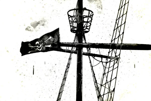 Crâne Sur Drapeau Pirate Illustration Art Dessin Croquis Vintage — Photo