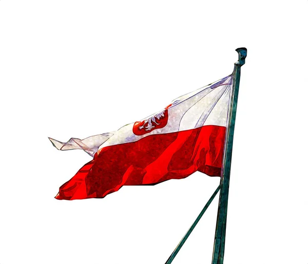 Polska Macha Flagą Odosobnionym Tle Sztuka Ilustracja Rysunek Vintage — Zdjęcie stockowe