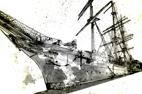 Antique Boat Sea Motive Drawing Handmade Illustration Art Vintage Drawing — Stock Photo, Image