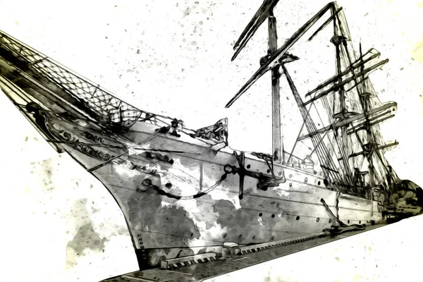 Antique boat sea motive drawing handmade illustration art vintage drawing