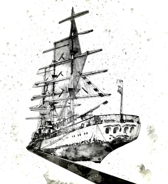 Antique boat sea motive drawing handmade illustration art vintage drawing