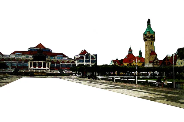 Square Och Strandpromenad Arkitekt Landmärke Sopot Konst Illustration Ritning — Stockfoto