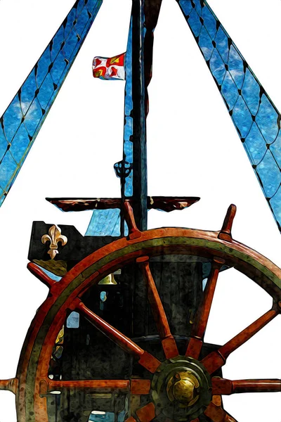 冒険の航海 屋外のシンボル 手描きのレトロなステアリングホイールイラスト — ストック写真