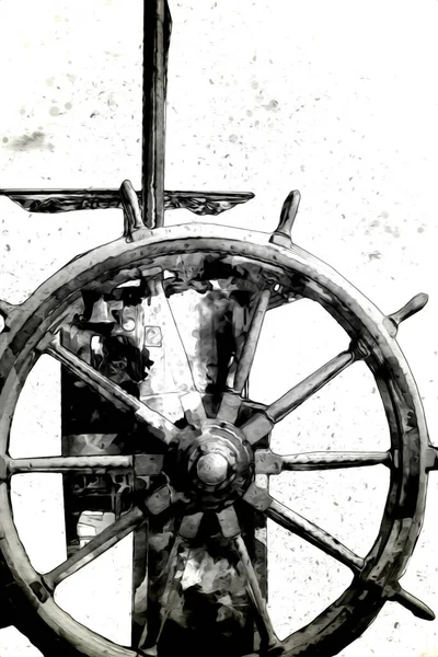 冒険の航海 屋外のシンボル 手描きのレトロなステアリングホイールイラスト — ストック写真