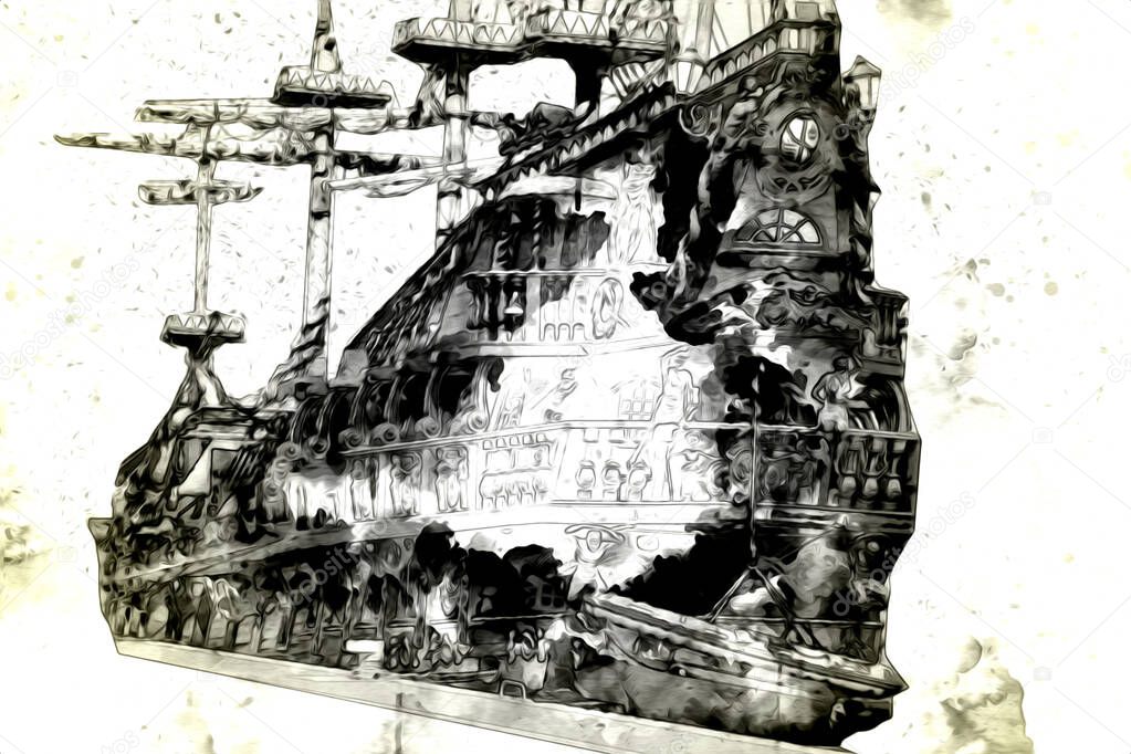 Antique boat sea motive drawing handmade illustration art vintage drawing