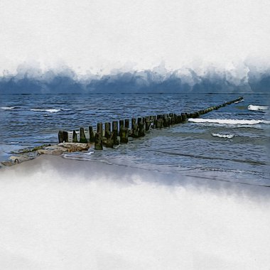 Beyaz kumlu güzel bir sahil, yaz tatili sanat çizimleri için doğal arka plan.