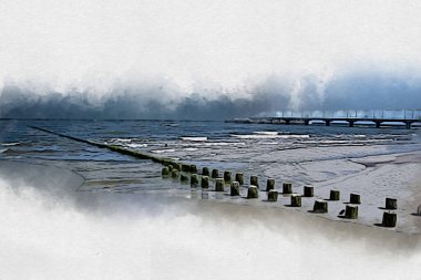 Beyaz kumlu güzel bir sahil, yaz tatili sanat çizimleri için doğal arka plan.