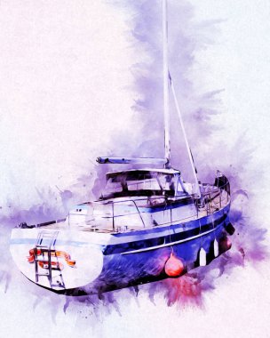 Yelkenli tekneler marina sanat illüstrasyonuna yerleştirildi.