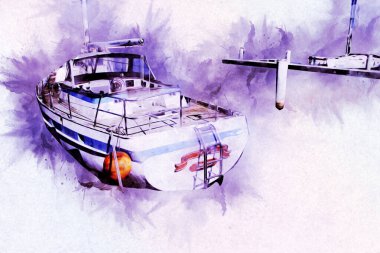 Yelkenli tekneler marina sanat illüstrasyonuna yerleştirildi.