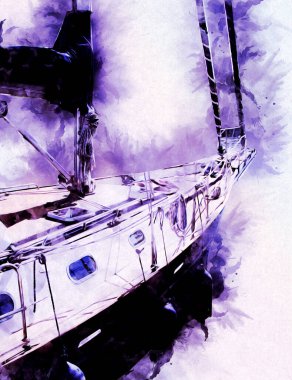 Yelkenli tekneler marina sanat illüstrasyonuna yerleştirildi.