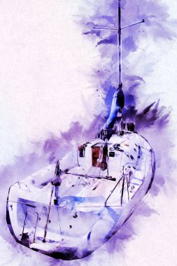 Yelkenli tekneler marina sanat illüstrasyonuna yerleştirildi.