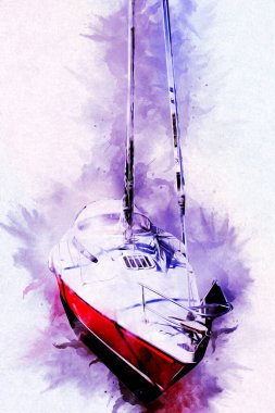 Yelkenli tekneler marina sanat illüstrasyonuna yerleştirildi.