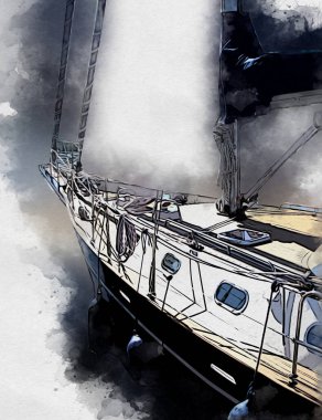 Yelkenli tekneler marina sanat illüstrasyonuna yerleştirildi.