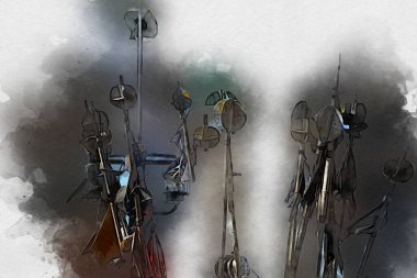 Rüzgarda dalgalanan renkli deniz yelkenli bayrakları sanat eseri çizimleri