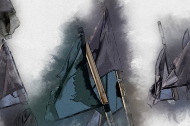 Rüzgarda dalgalanan renkli deniz yelkenli bayrakları sanat eseri çizimleri