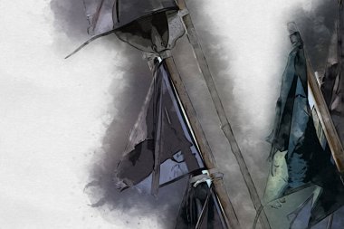 Rüzgarda dalgalanan renkli deniz yelkenli bayrakları sanat eseri çizimleri