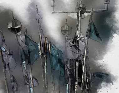 Rüzgarda dalgalanan renkli deniz yelkenli bayrakları sanat eseri çizimleri