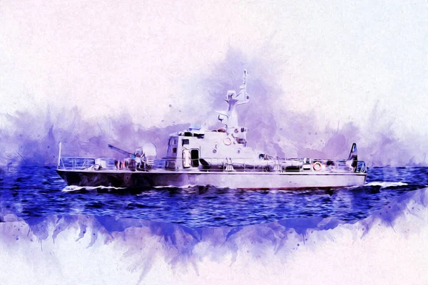 Barco Militar Pasa Por Mar Atlántico Áspero Ilustración Vintage Arte — Foto de Stock