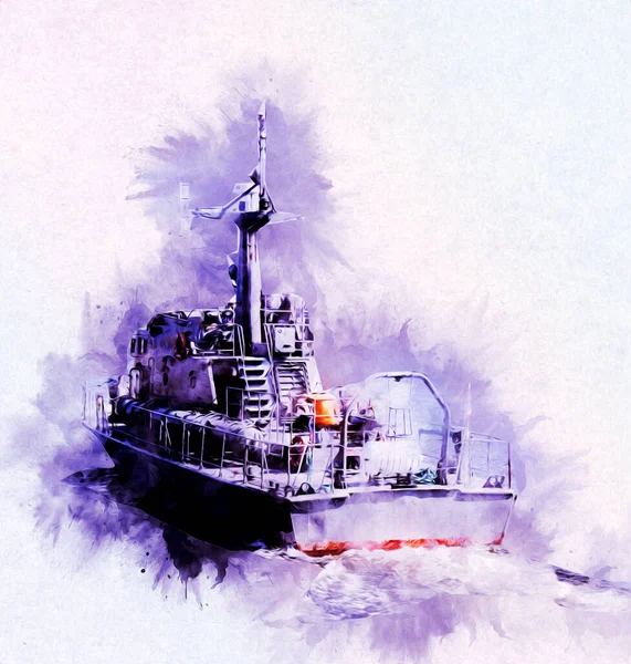 Barco Militar Pasa Por Mar Atlántico Áspero Ilustración Vintage Arte — Foto de Stock
