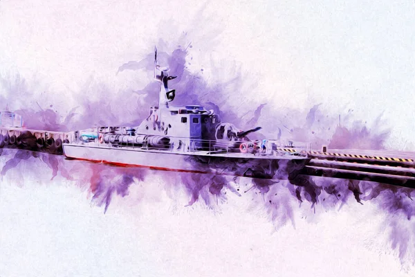 Wojskowy Statek Przechodzi Przez Szorstki Atlantycki Morze Ilustracja Vintage Retro — Zdjęcie stockowe