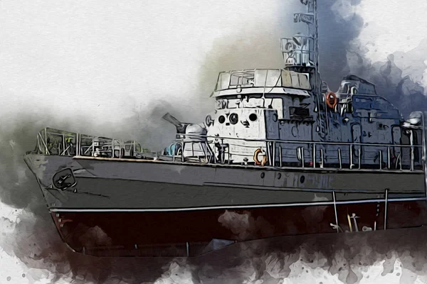 Vojenská Loď Prochází Drsné Atlantické Moře Ilustrace Vintage Retro Umění — Stock fotografie