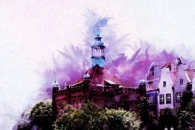 Polonya 'daki Gdansk şehrinin mimarisinin güzel bir görüntüsünün suluboya çizimi veya çizimi