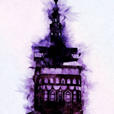 Polonya 'daki Gdansk şehrinin mimarisinin güzel bir görüntüsünün suluboya çizimi veya çizimi