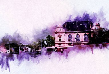 Polonya 'daki Gdansk şehrinin mimarisinin güzel bir görüntüsünün suluboya çizimi veya çizimi