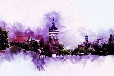 Polonya 'daki Gdansk şehrinin mimarisinin güzel bir görüntüsünün suluboya çizimi veya çizimi