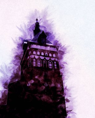 Polonya 'daki Gdansk şehrinin mimarisinin güzel bir görüntüsünün suluboya çizimi veya çizimi