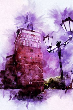 Polonya 'daki Gdansk şehrinin mimarisinin güzel bir görüntüsünün suluboya çizimi veya çizimi