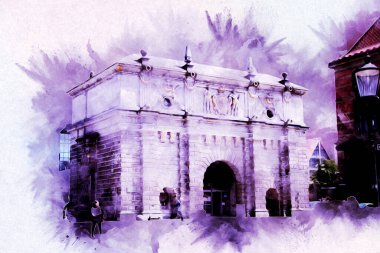 Polonya 'daki Gdansk şehrinin mimarisinin güzel bir görüntüsünün suluboya çizimi veya çizimi