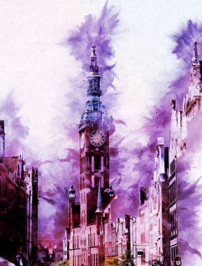 Polonya 'daki Gdansk şehrinin mimarisinin güzel bir görüntüsünün suluboya çizimi veya çizimi