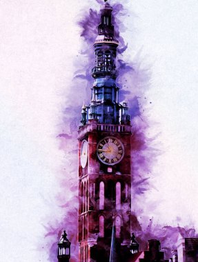 Polonya 'daki Gdansk şehrinin mimarisinin güzel bir görüntüsünün suluboya çizimi veya çizimi