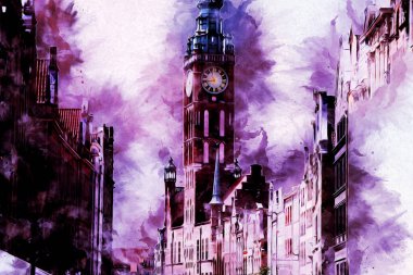 Polonya 'daki Gdansk şehrinin mimarisinin güzel bir görüntüsünün suluboya çizimi veya çizimi