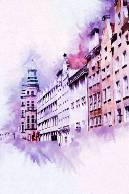 Polonya 'daki Gdansk şehrinin mimarisinin güzel bir görüntüsünün suluboya çizimi veya çizimi