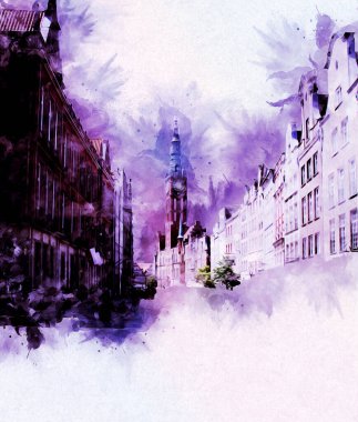 Polonya 'daki Gdansk şehrinin mimarisinin güzel bir görüntüsünün suluboya çizimi veya çizimi