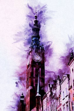 Polonya 'daki Gdansk şehrinin mimarisinin güzel bir görüntüsünün suluboya çizimi veya çizimi