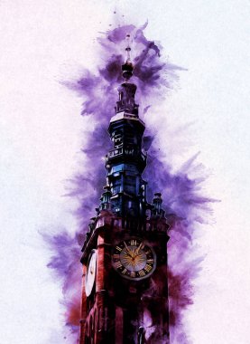 Polonya 'daki Gdansk şehrinin mimarisinin güzel bir görüntüsünün suluboya çizimi veya çizimi