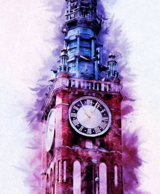 Polonya 'daki Gdansk şehrinin mimarisinin güzel bir görüntüsünün suluboya çizimi veya çizimi