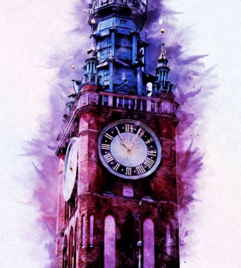 Polonya 'daki Gdansk şehrinin mimarisinin güzel bir görüntüsünün suluboya çizimi veya çizimi