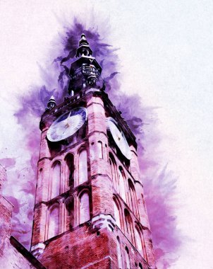 Polonya 'daki Gdansk şehrinin mimarisinin güzel bir görüntüsünün suluboya çizimi veya çizimi