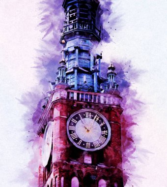 Polonya 'daki Gdansk şehrinin mimarisinin güzel bir görüntüsünün suluboya çizimi veya çizimi