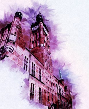 Polonya 'daki Gdansk şehrinin mimarisinin güzel bir görüntüsünün suluboya çizimi veya çizimi