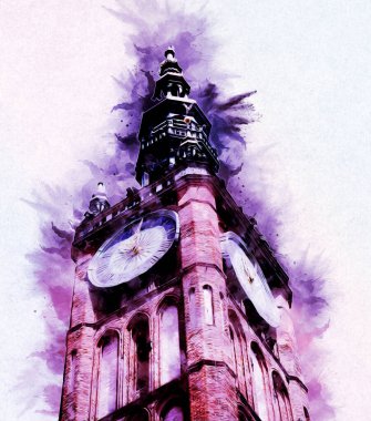 Polonya 'daki Gdansk şehrinin mimarisinin güzel bir görüntüsünün suluboya çizimi veya çizimi