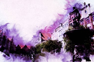 Polonya 'daki Gdansk şehrinin mimarisinin güzel bir görüntüsünün suluboya çizimi veya çizimi