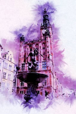 Polonya 'daki Gdansk şehrinin mimarisinin güzel bir görüntüsünün suluboya çizimi veya çizimi