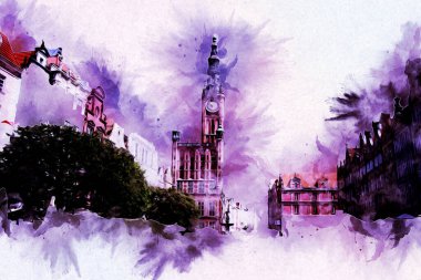 Polonya 'daki Gdansk şehrinin mimarisinin güzel bir görüntüsünün suluboya çizimi veya çizimi